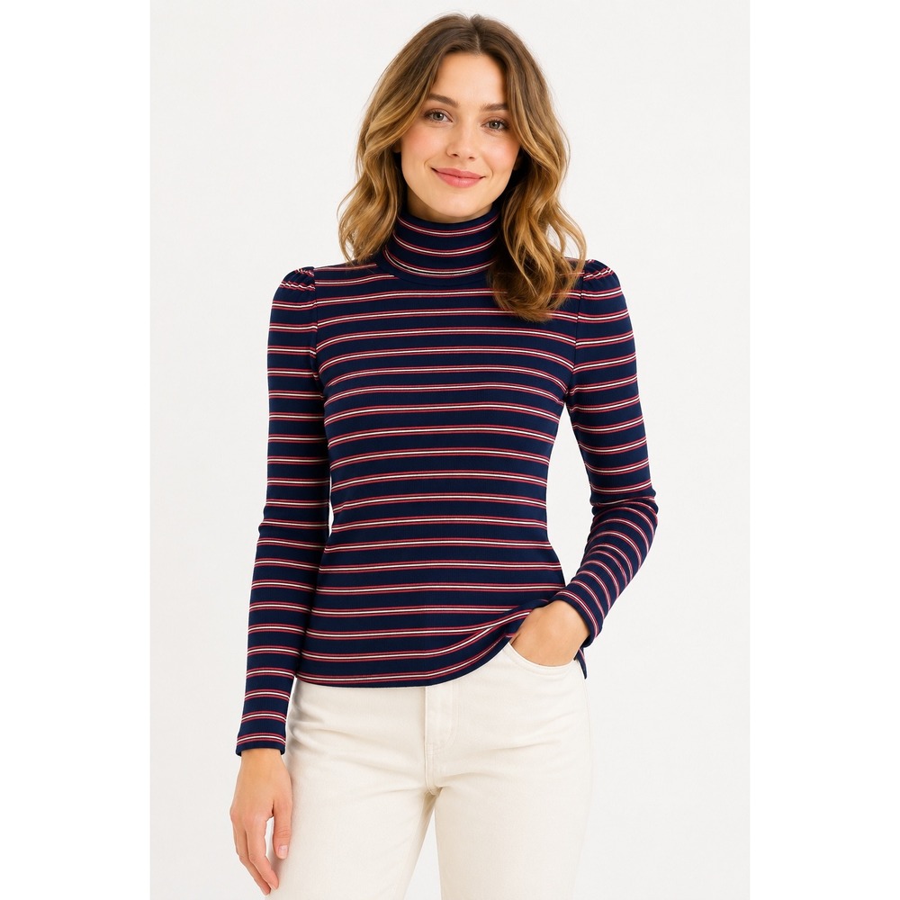 Evereve Turtleneck Top Womens‎ S Navy Red Striped Puff Sleeve Ribbed Chic Modal